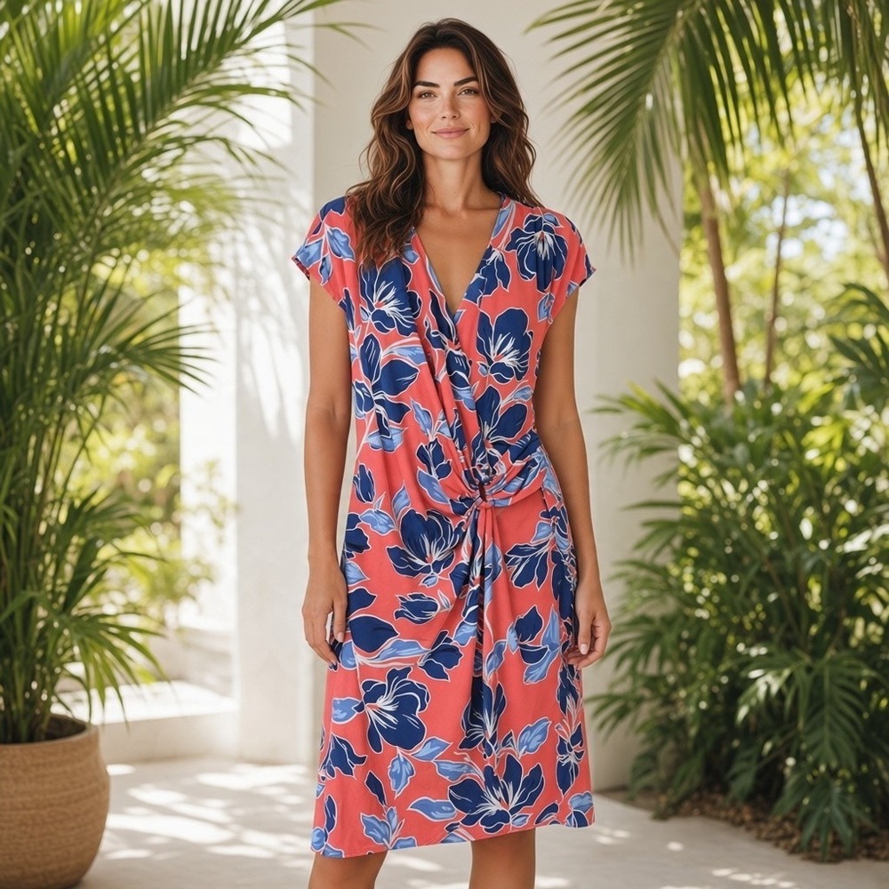 Tommy Bahama Clara Faux Wrap Dress Large L Coral Blue Floral Twist Front Cap